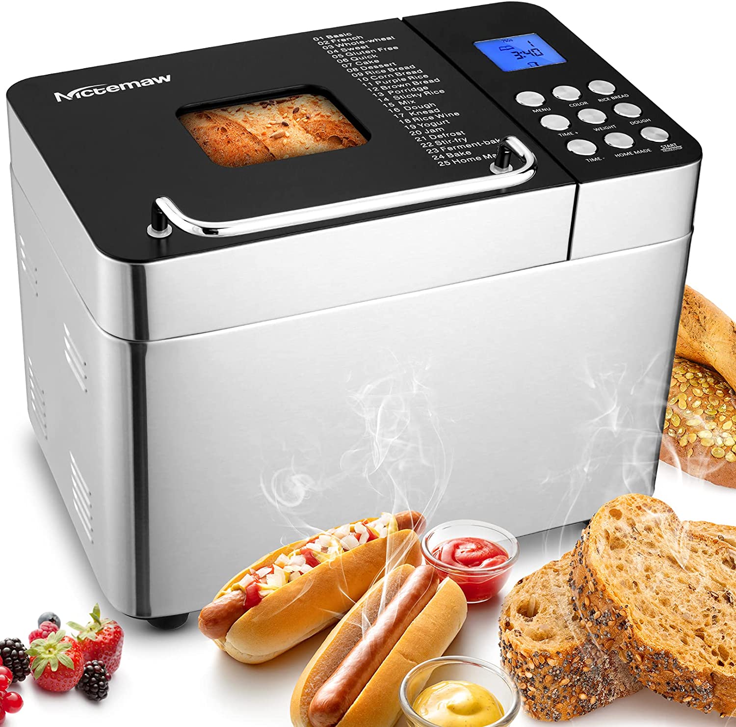 Homdox Bread Maker, Stainless Steel, 600 W, with 25 Baking Programmes, 3 Bread Sizes (500 g / 750 g / 1000 g), 3 Baking Colours, Viewing Window, Timer and Warming Function, BPA-Free