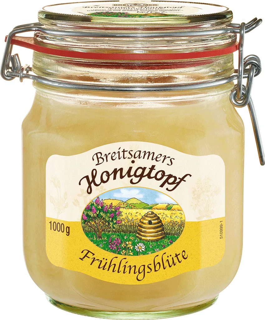 Breitsamer Honey Honey Pot Spring Blossom 1,000g creamy - Delicately creamy spring blossom honey in a traditional swing-top jar of proven beekeeper quality (1 x 1kg)