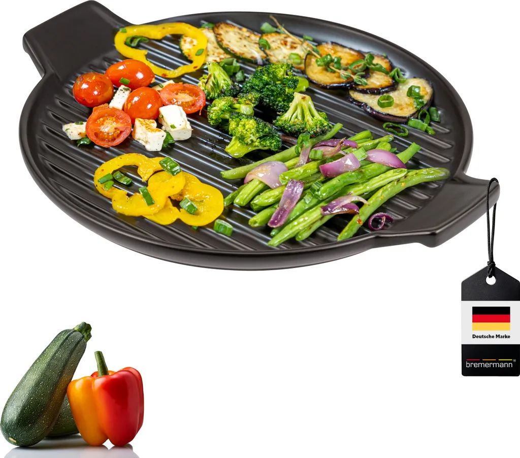 bremermann stoneware grill pan, flat grill tray for BBQ, round black