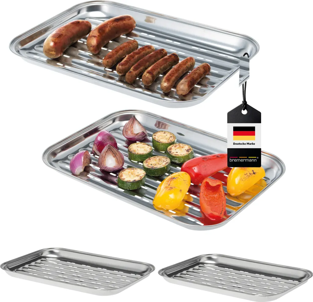bremermann Grill Tray 4-Piece Set, Stainless Steel Grill Pan, approx. 35 x 24.5 cm