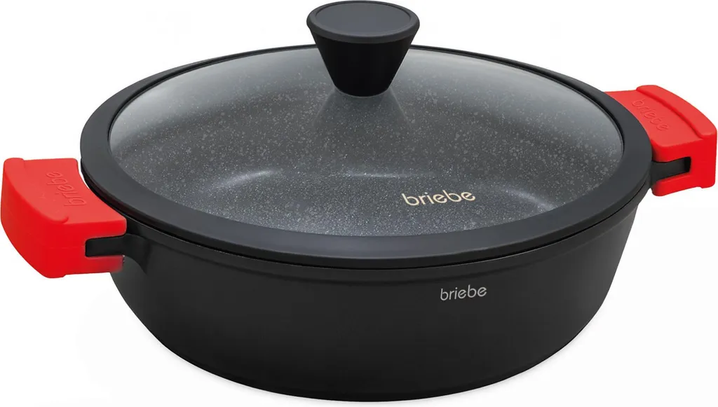 Briebe Black Titanium Serving Pan for Induction, Titanium, 36cm Cast Aluminum Pot - Free Glass Lid, Black