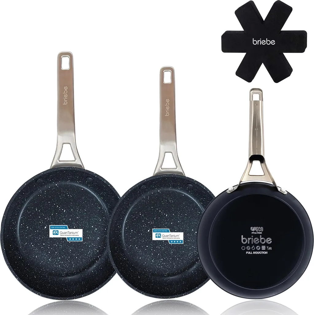 Briebe Black Titanium Set of 3 Non-Stick Induction Pans, Titanium, 18-20-24cm, Forged Aluminum, Black