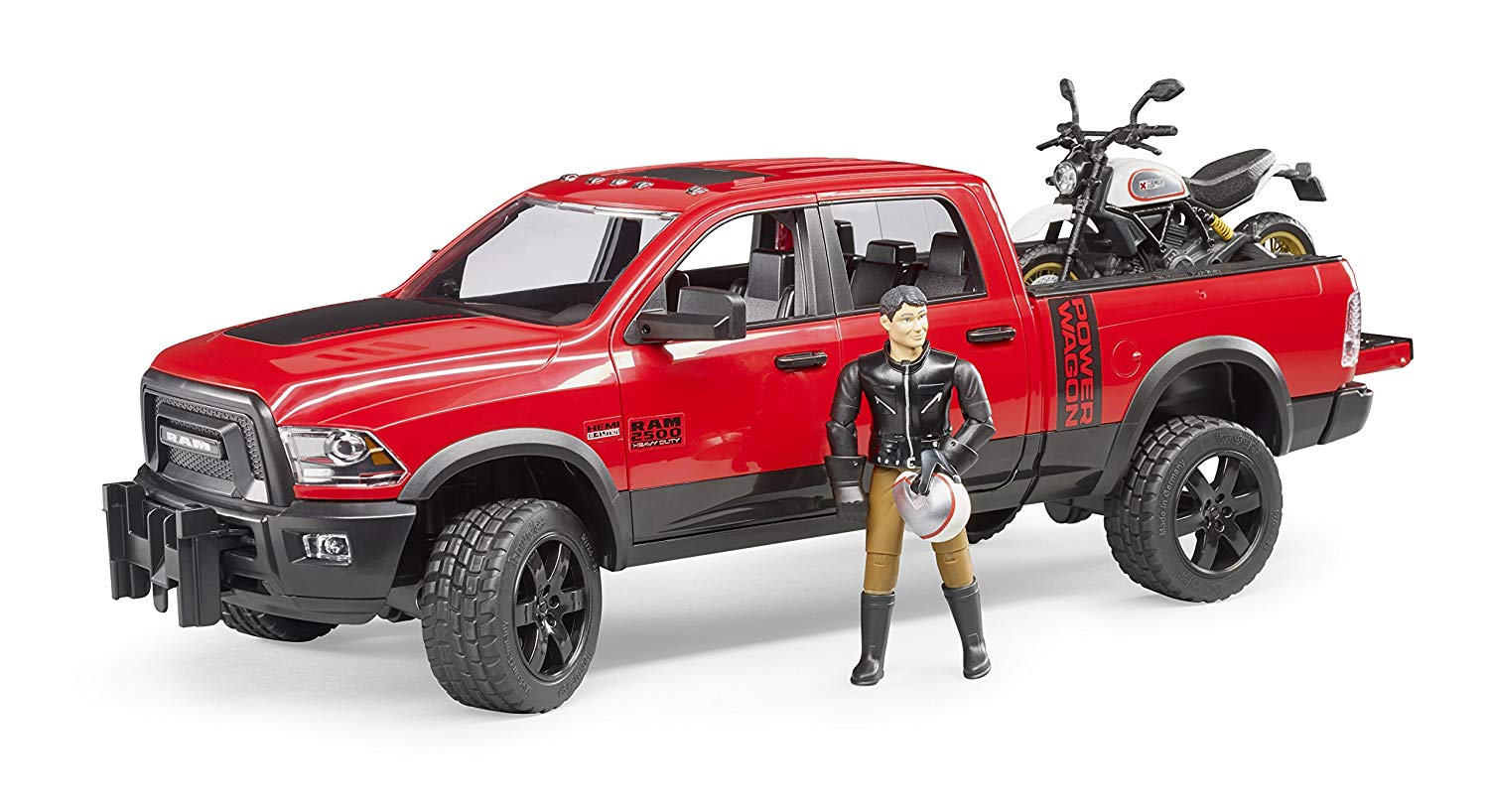 Bruder Vehicle Ram Power Wagon With Moto Scrambler Ducati Desert Sled And Characte
