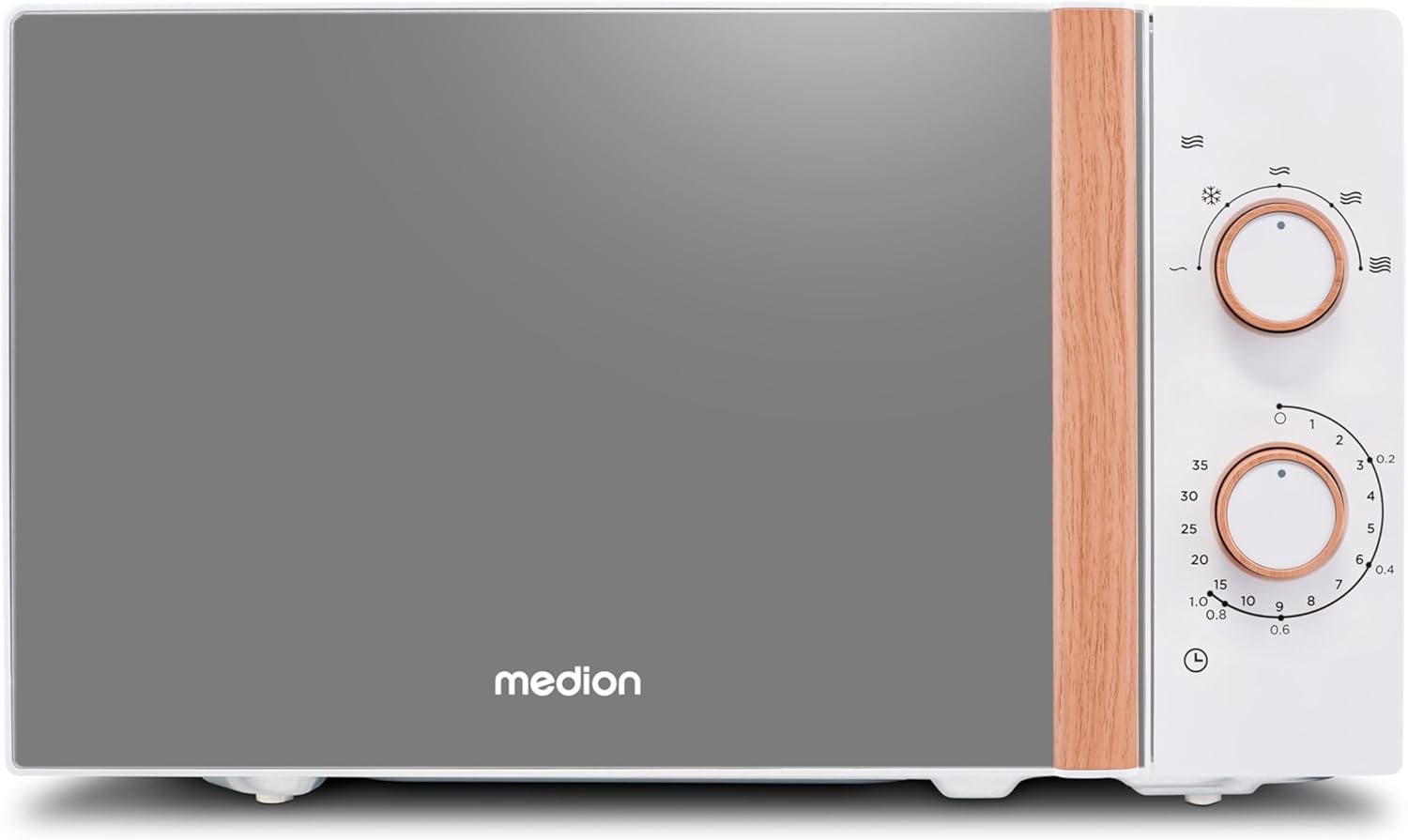 MEDION MD10596 Small Microwave Wood Effect Freestanding 20 Litres 700 Watt Mirrored Door 5 Power Levels Defrost Function Timer Switch White