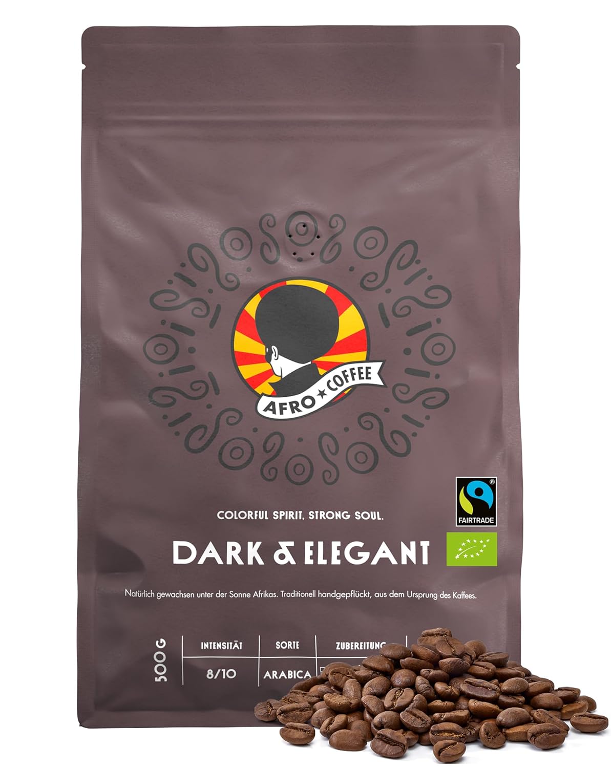 AFRO COFFEE Dark & Elegant I 500 g Premium Organic Coffee Beans Fairtrade I 100% Arabica Coffee Beans I Bean Coffee from Ethiopia with Notes of Bitter Chocolate I Hand Picked, Dark Roasted, Low Acid