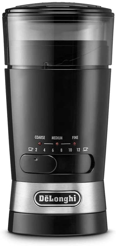 DeLonghi De\'Longhi Coffee Grinder KG210 - Electric Grinder for Whole Coffee Beans, Spices and Nuts, 170 Watt, Plastic, Black & DLSC058 Stainless Steel Coffee Tamper with Wooden Handle, Blue/Silver
