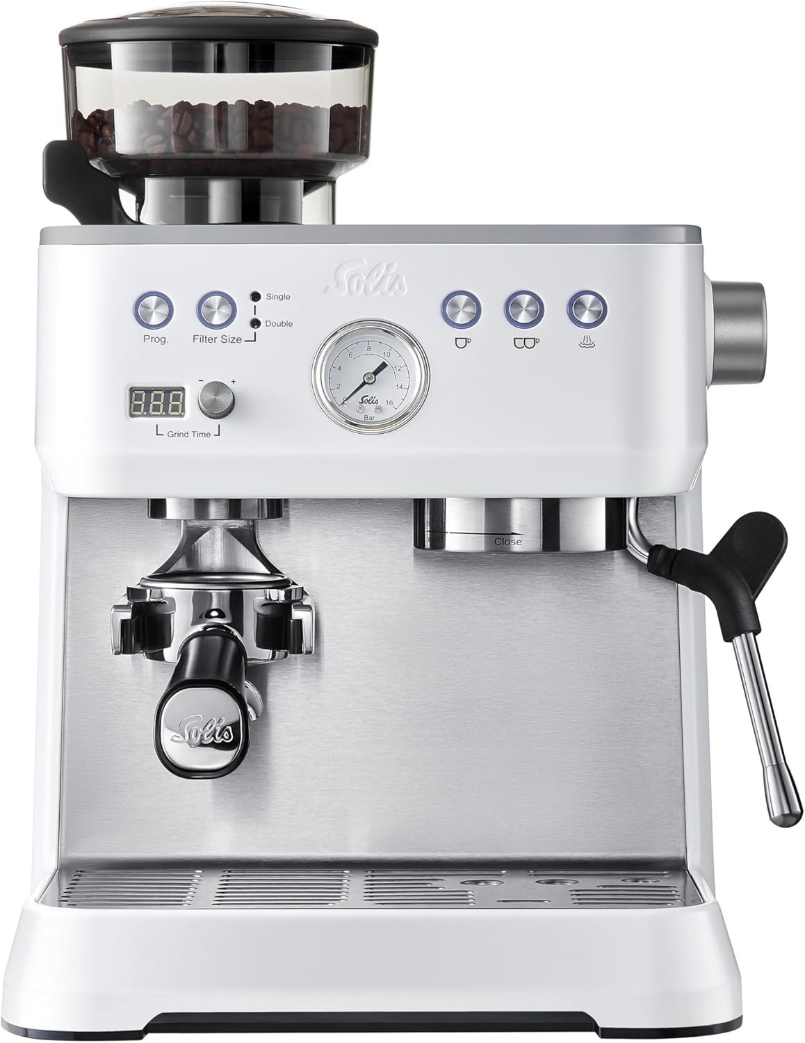 Solis Store Solis Grind & Infuse Perfetta 1019 Portafilter Machine - Coffee Machine with Grinder - Integrated Zero Static Coffee Grinder - Espresso Machine with Steam and Hot Water Function - Stainless Steel