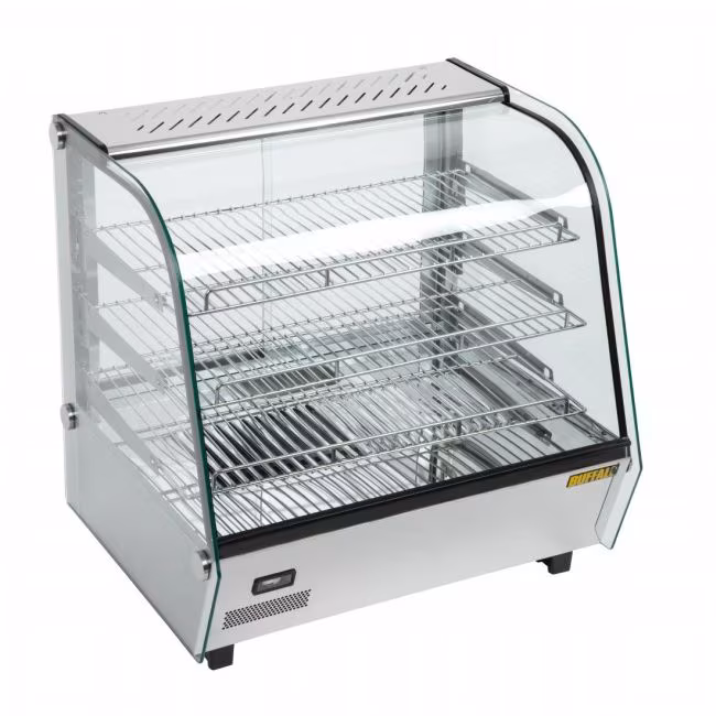 Buffalo heated display case 687x670x568mm with 3 shelves, 120 liters and all-around glass