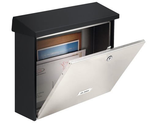 Burg Wächter metal mailbox, WxHxD 320/377/115 mm, London 6867 B & S stainless steel/black