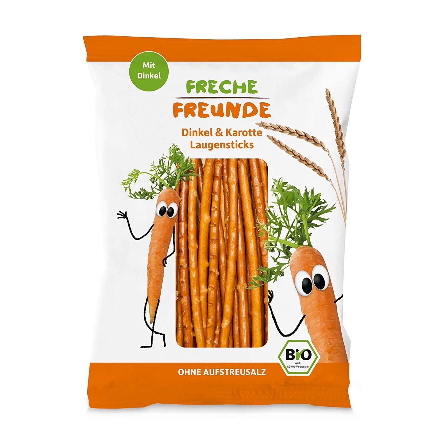 FRECHE FREUNDE Bio Laugensticks \"Karotte\", Knabberstangen ohne Aufstreusalz, mit Dinkelmehl, vegan, Kindersnack, 15er Pack (15 x 75 g)