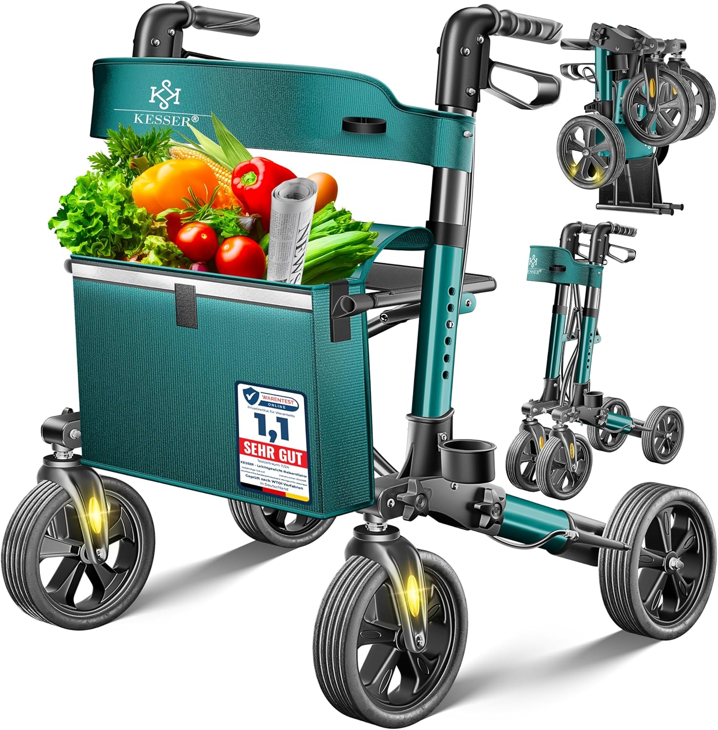 KESSER Store Kesser Aluminium Rollator Set, Lightweight Travel Walker, Fully Equipped 3-Way Foldable Rollator - Ideal for Car Boot, Travel and Flight, Height Adjustable, Strap, Walking Aid