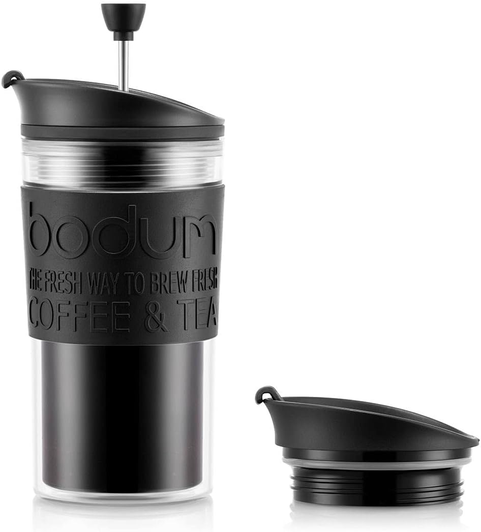 BODUM Insulated 11102-01s Piston Cup with Hinged Lid, 0.35 Liter, Black, Transparent, Plastic, 8.9 cm