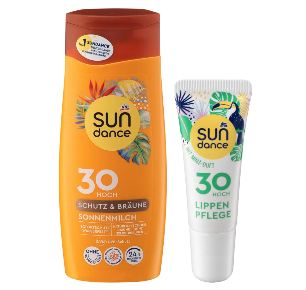 Sundance Set of 2 Sun Protection: Sun Lotion Protection + TAN SPF 30 Without Self-Tan, Octocrylene, with Uva and UVB Protection (200 ml) + Lip Care Mint SPF 30 (10 ml) 210 ml