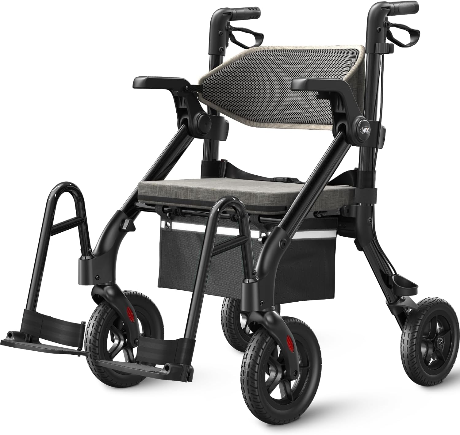 VOCIC Z55 Rollator Wheelchair Foldable and Lightweight with Seat, 2-in-1 Wheelchair Folding Rollators for Seniors, Outdoor Rubber Tires for All Terrain, Aluminum Walker Transport Chair, Black