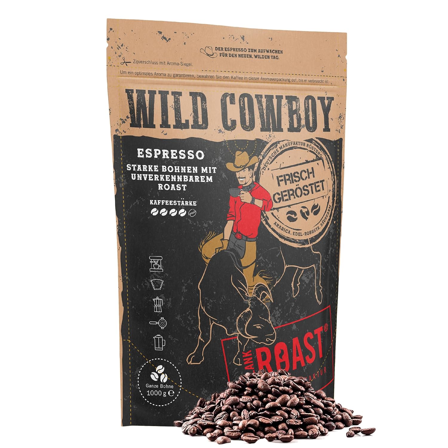 Blank Roast - Wild Cowboy Espresso - Espresso Beans 1 kg - Roasted with Hickory Wood - Arabica & Edel Robusta - Blend from Brazil and Uganda - with Chocolaty Nuances - Low Acid
