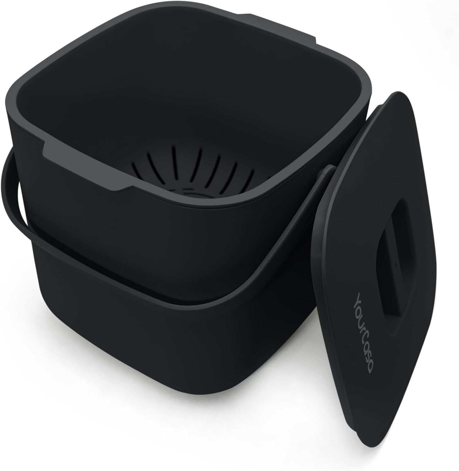 YourCasa Organic Kitchen Waste Bin, 4 L, Compost Bin with Removable Strainer and Lid, Odour-Proof, Dishwasher Safe & Without Organic Waste Bags, Small Organic Waste Bin for Clean Kitchens (Black)