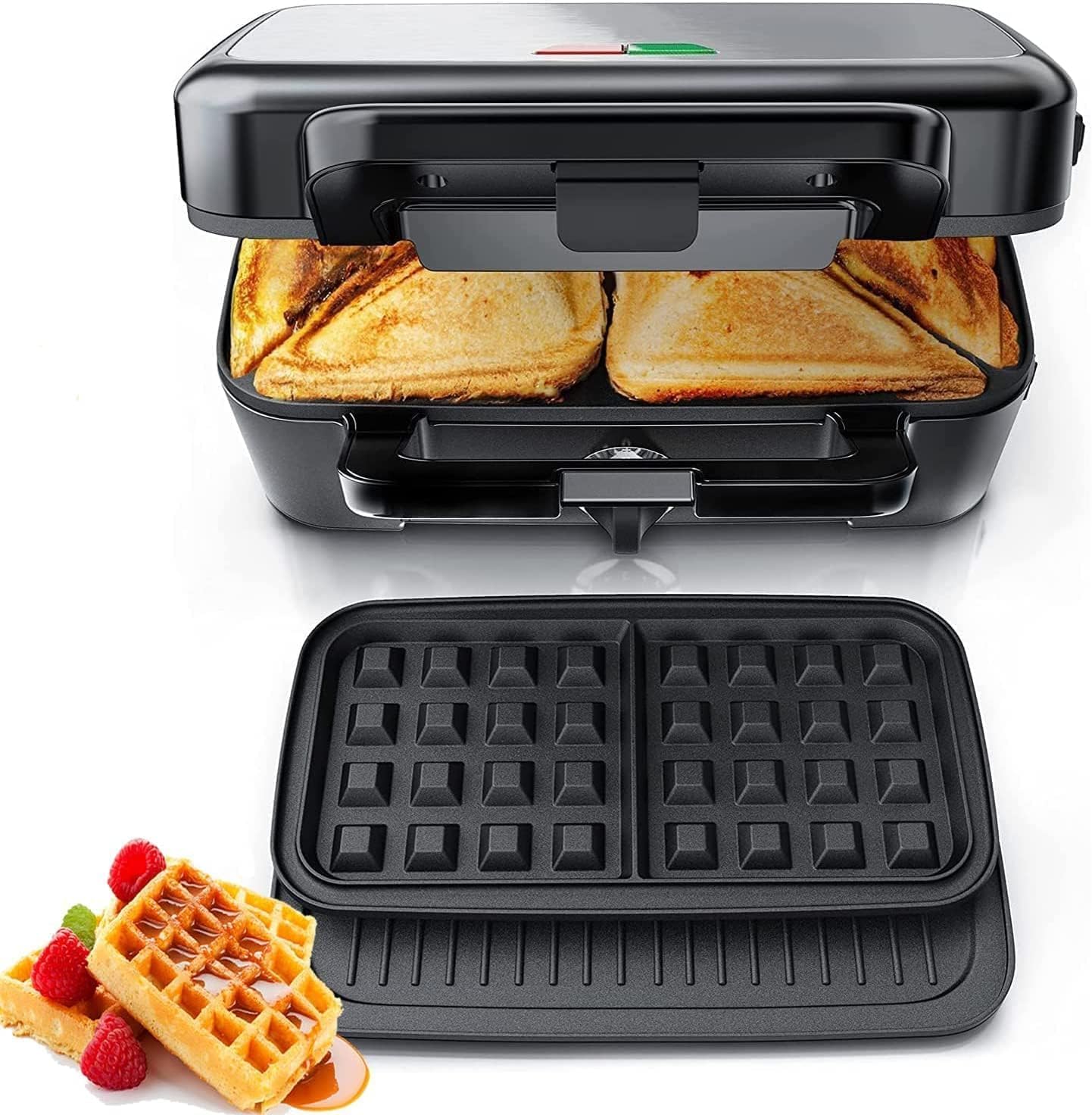 1200 W Sandwich Maker, 3-in-1, 5-Speed Temperature Control, Waffle Iron, Sandwich Toaster, Contact Grill with Non-Stick Coating for Easy Cleaning without Burning, LED Lights, Stainless Steel/Black