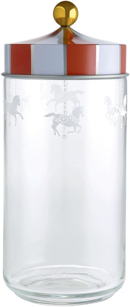 Alessi Jar in Silk-Screen Glass with Hermetic Lid in Tinplate, Multi-Colour, 10.5 x 10.5 x 12 cm
