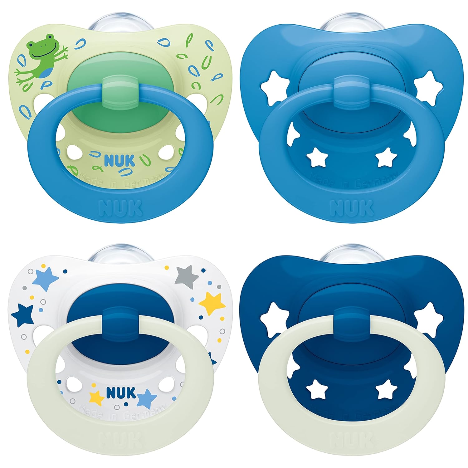 NUK Signature Day & Night Baby Pacifier | 6-18 Months | Soothes 95% of Babies | BPA Free Silicone Heart Shaped Pacifier | Glow in the Dark | Stars | Pack of 4
