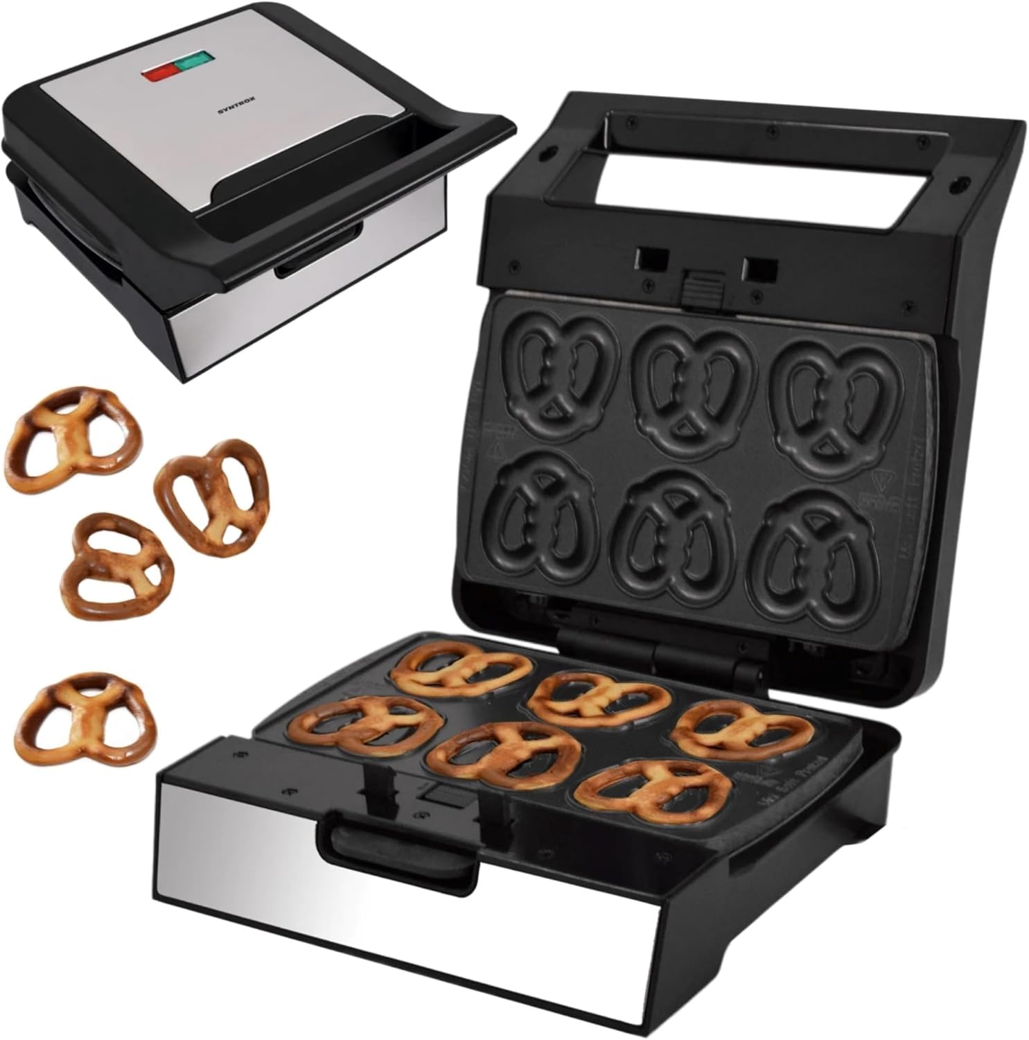Syntrox Germany Syntrox Mini Pretzel Maker with Removable Plates, 1400 Watt, Stainless Steel, Fast Heating, Non-Stick Coating, Various Removable Plates, Multifunctional Device