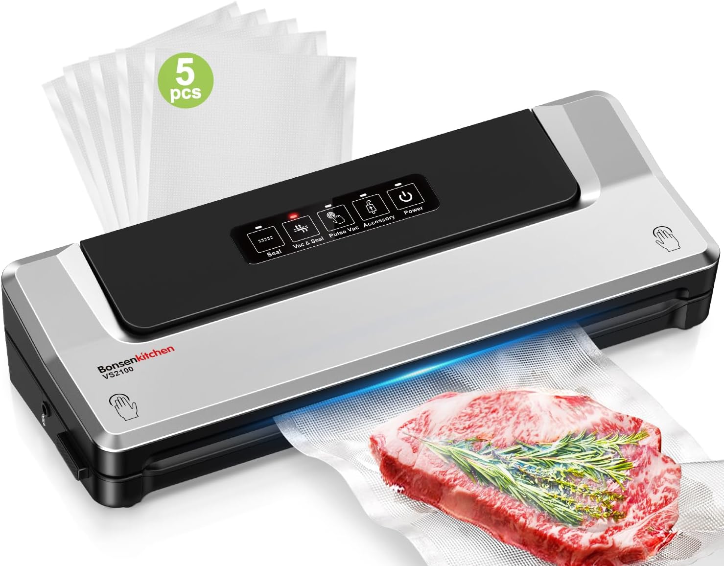 Bonsenkitchen Vacuum Sealer Film Sealer for Sous Vide Cooking and Food Stay Fresh up to 6x Longer 5 Vacuum Bags Included (Silver)