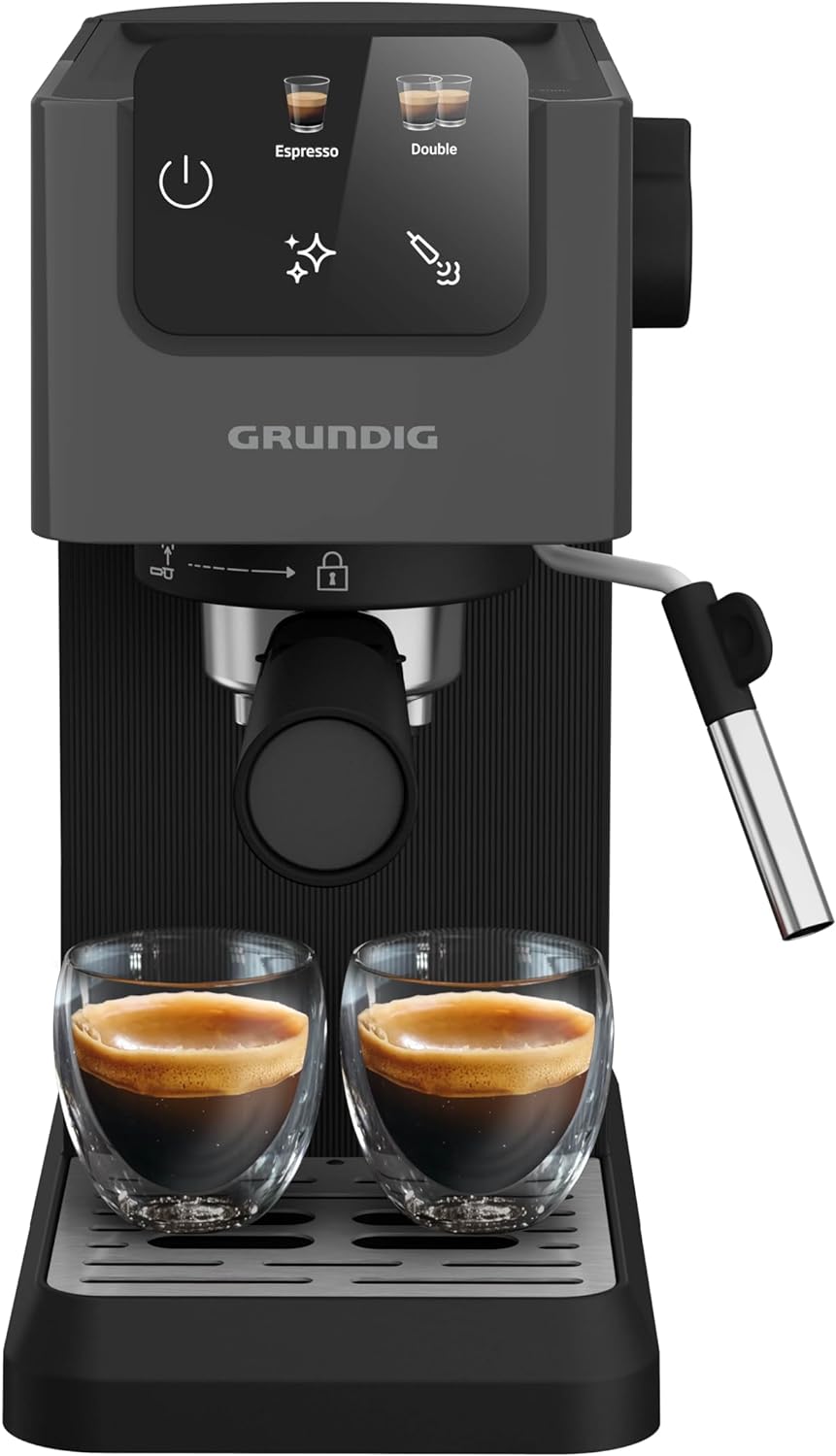 GRUNDIG KSM 4330 Portafilter Machine with Milk Frothing Nozzle, Espresso Machine, for Ground Coffee, Removable Water Tank, Touch Display, 1626 W Power, Memory Function, Black