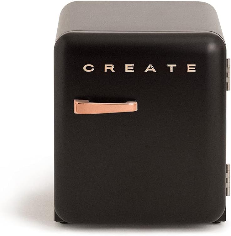 CREATE Retro Friend 50 Rose Gold Fridge in Black, Pink Gold Handle, 85 W, Mini Bar, One Shelf, Retro Design, 50 cm, Two Shelves, 48 ​​L Capacity, Energy Saving, 50 x 44 x 49.8 cm