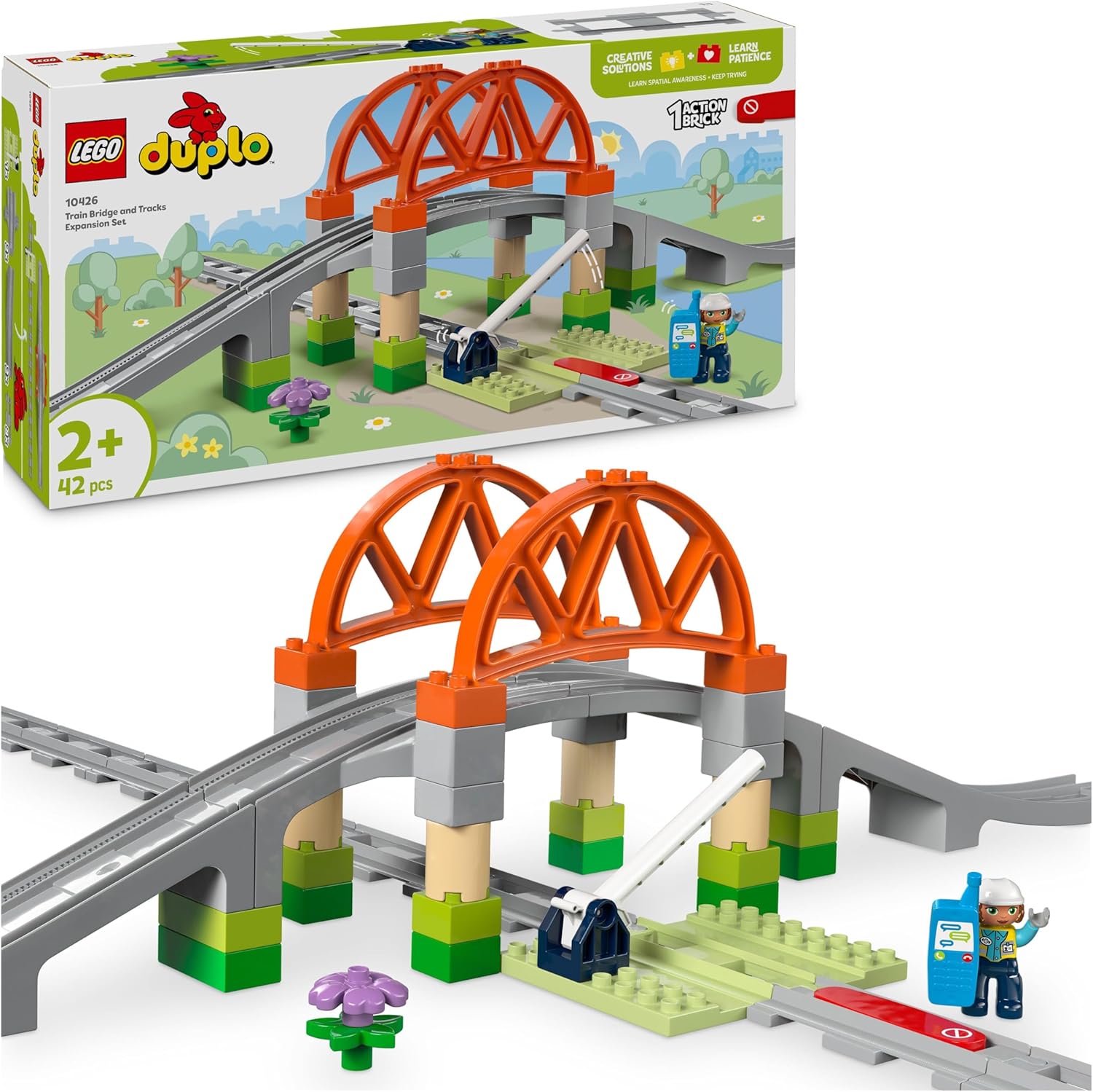 LEGO DUPLO Railway Bridge and Rails - Expansion Set - Educational Toy for Toddlers - Includes 8 Track Pieces, Bridge, Barrier & Action Stone - Gift for Boys & Girls from 2 Years - 10426