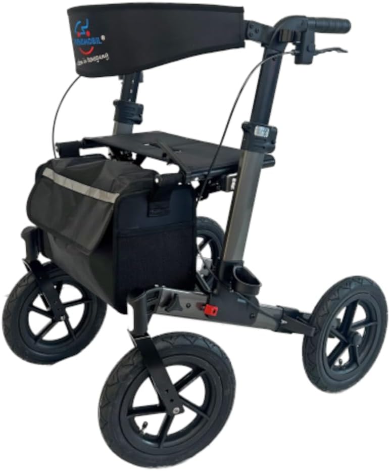 Ektos Outdoor Rollator with Pneumatic Tires - Foldable Lightweight Rollator with Seat & Bag | Height Adjustable, Load Capacity up to 15 kg | Outdoor Rollator for Seniors, Anthracite