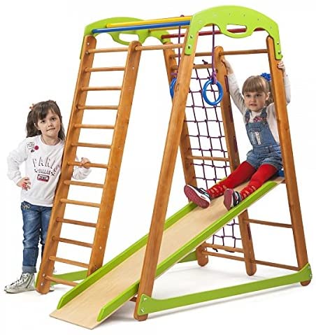 KindSport Childrens Junior Home Wooden Playground With Descent 1 Climbing Net Rings 
