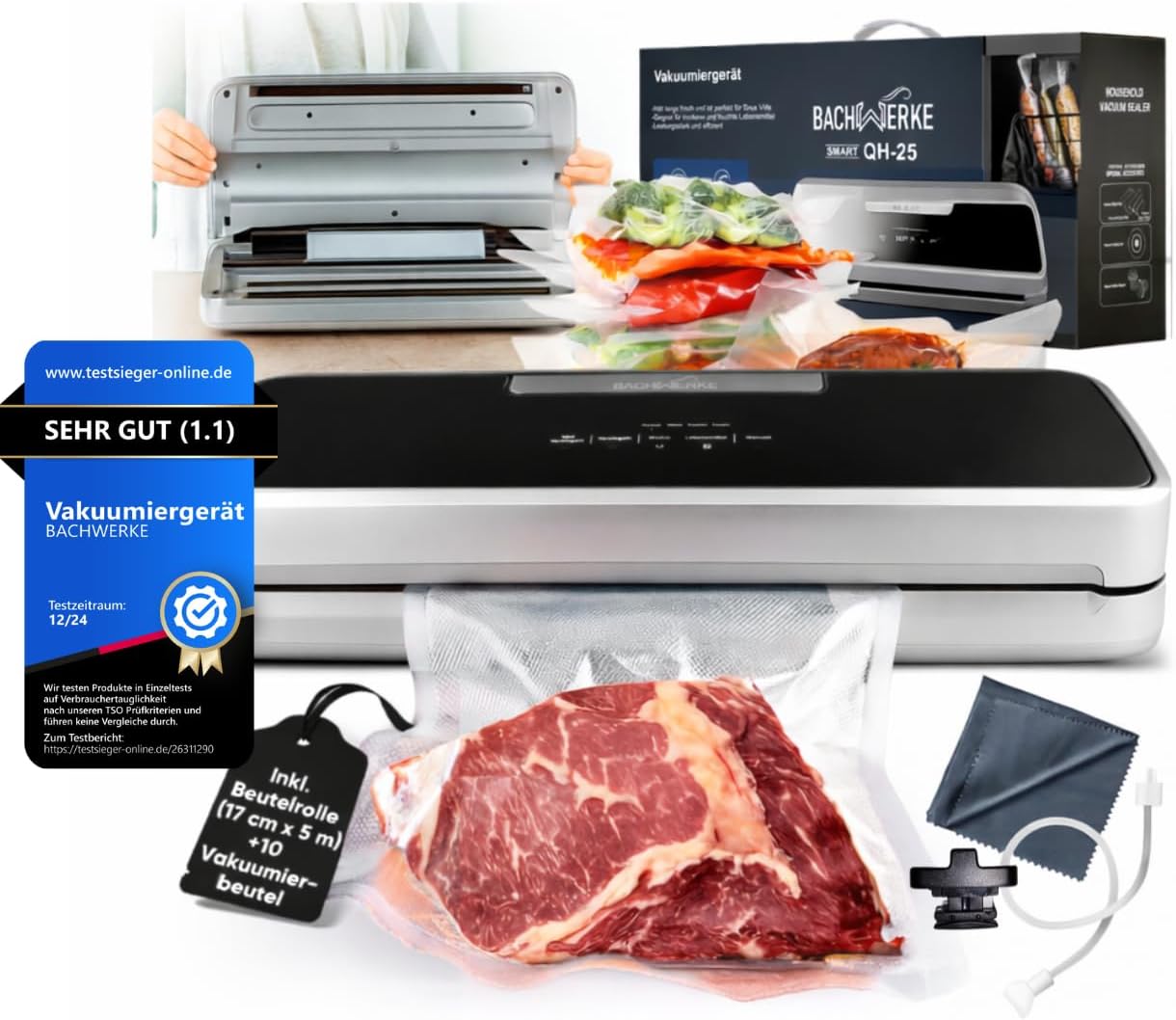 ° Vacuum Sealer + Replacement Cutter, 32 cm Weld Seam, Vacuum Sealer Vacuum Machine, Sealing Machine, Foil Sealing Machine, Vacuum Sealer for Food + Bag Roll + 10 x Vacuum Bags