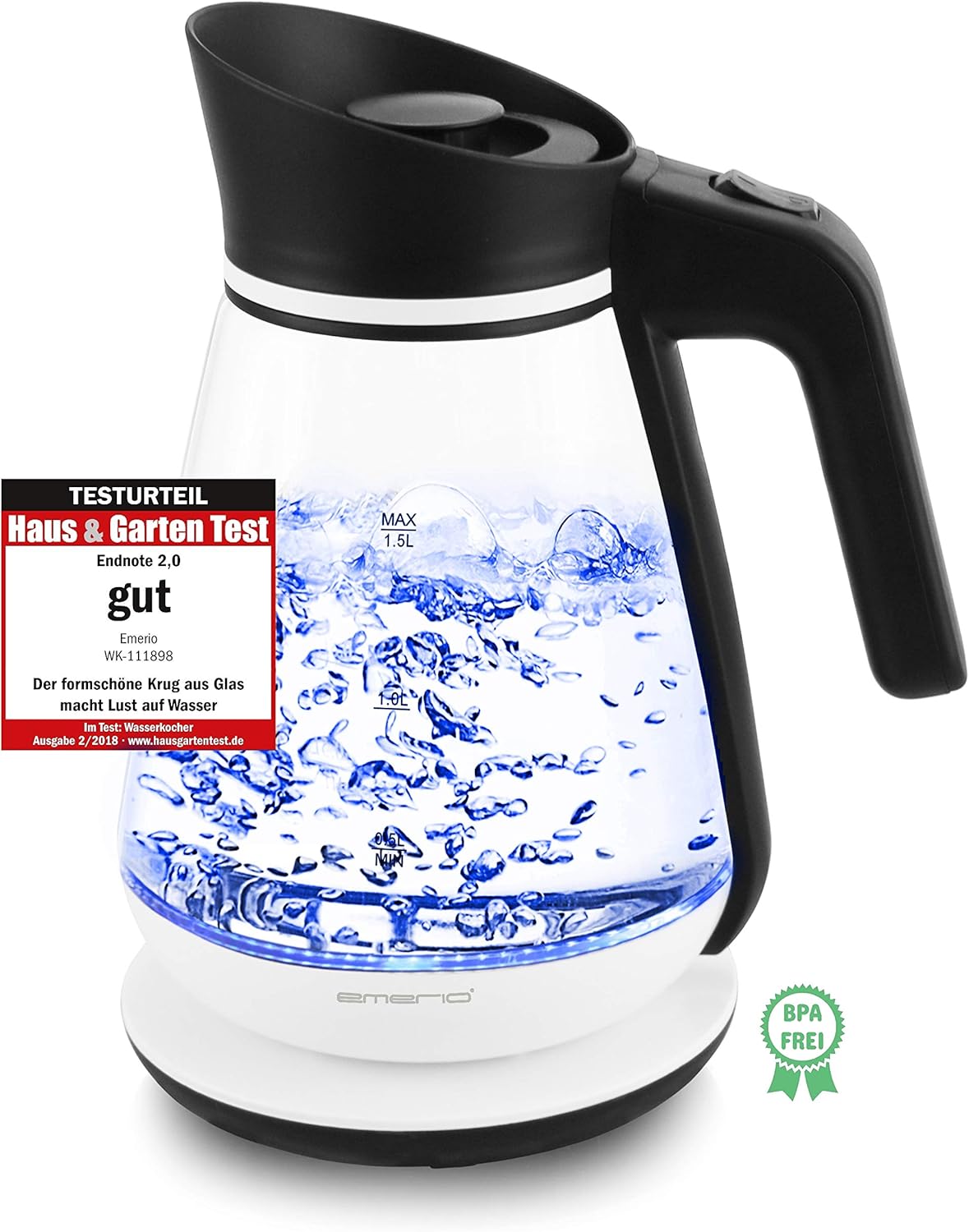 Emerio Design Glass Kettle, 1.5 L, Swiss Design, Borosilicate Glass, Wireless, LED Lighting, Limescale Filter, 2200 Watt, Black/White