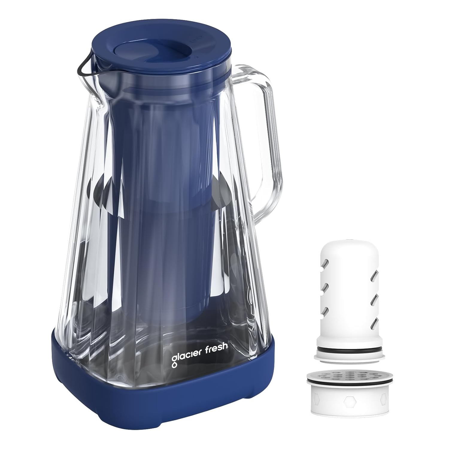 GLACIER FRESH Glass Water Filter Jug, 2.5 L, 1 x Activated Carbon + 1 x Ultrafiltration Filter, Reduces Chlorine, Fluoride, Limescale Deposits, Heavy Metals such as Lead, Copper, Blue