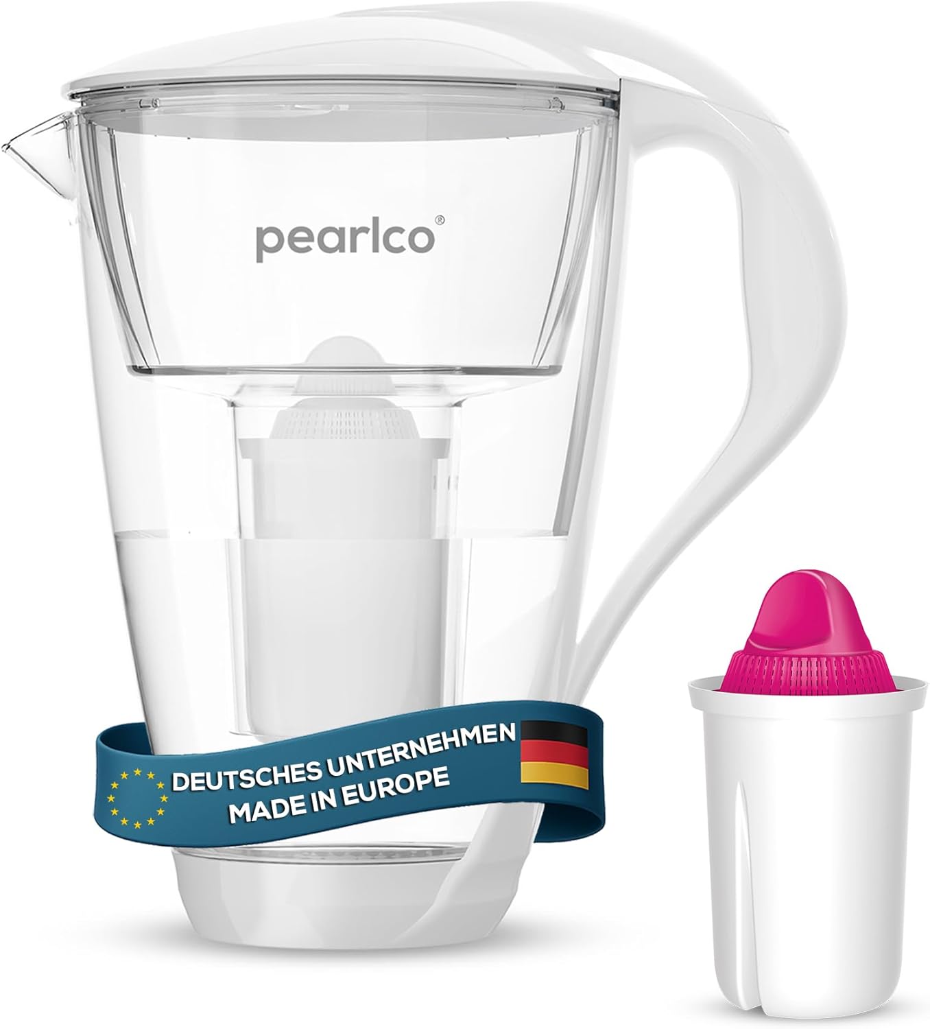 PearlCo Glass Water Filter (White) with 1 Magnesium Classic Filter Cartridge - Made in EU