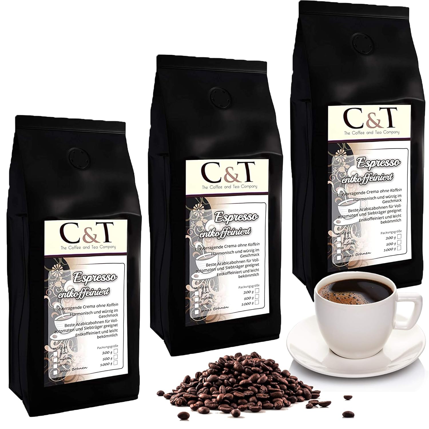 UNSER ESPRESSO Espresso Cream Decaffeinated Coffee Beans Decaffeinated 3 x 1000 g