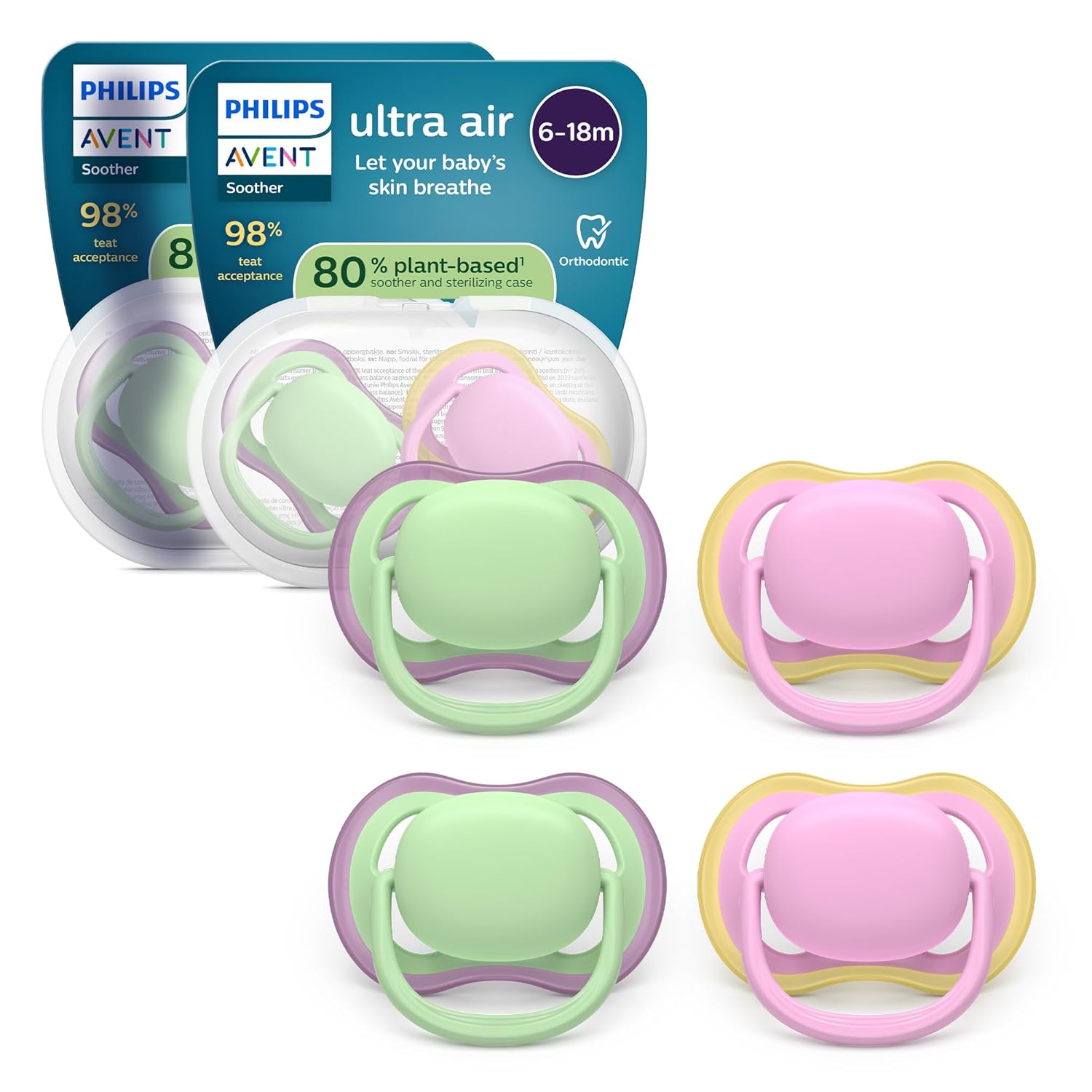 Philips AVENT Ultra Air Pacifier - Orthodontic Design for Babies, 6-18 Months, Soft, Symmetrical Silicone Teat, BPA-Free, 2 Sterilization Containers, Pack of 4, SCF087/25