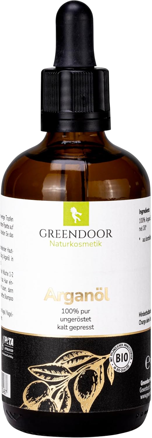 GREENDOOR Pure Organic Argan Oil 100 ml Pipette Bottle, Pure Virgin Cold Pressed Natural Unroasted Vegan, Hair Oil without Silicone, Argan Oil for Hair, Skin, Nails, Face, Moisture