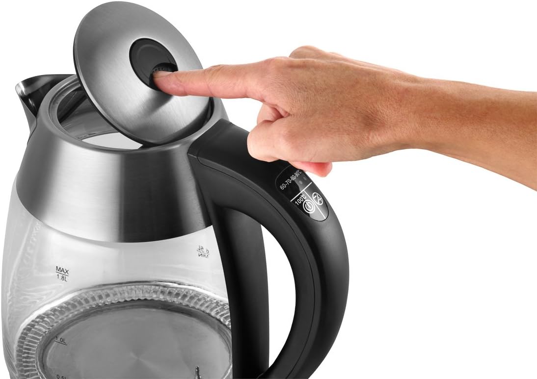 CONCEPT Hausgeräte RK4065 Glass Kettle, Removable Anti-Limescale Filter, 1.8 L with Temperature Setting, 2200 W, Stainless Steel / Glass