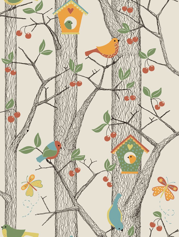 BorasTapeter Lilleby 2653 Fleece Wallpaper Cherry Tree With Birds Orange Red Blue