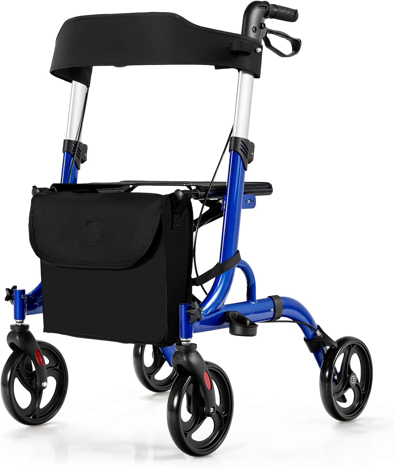 RELAX4LIFE Rollator Foldable Lightweight Wheelchair Travel Rollator Walking Aid with Seat Walking Trolley 6-Way Height Adjustable Walking Aid with 2 Brakes Stick Holder Bag, Aluminum Alloy up to 150