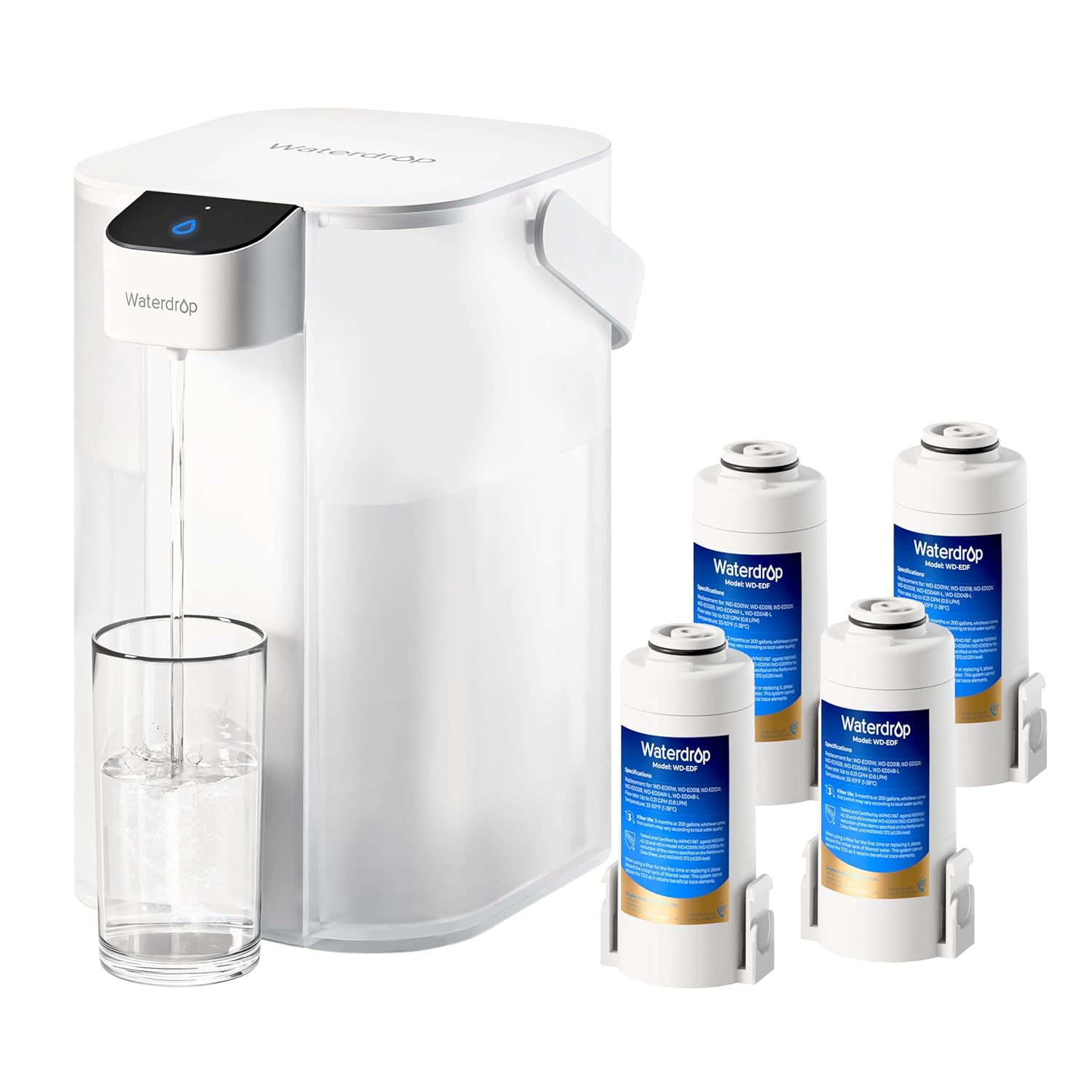 Waterdrop Instant Electric Water Filter Jug, 3.5 L 3 Month Water Filter, Outdoor Drinking Water System, Reduces Chlorine, Lead, Mercury, PFAS, PFOA/PFOS, White (with 4 757 Liter Filter)