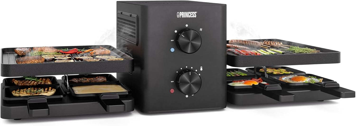 Princess Raclette Purify, 8 People, Integrated Air Filter System, Adjustable Thermostat, Dishwasher Safe Parts, Non-Stick Coating, 2 m Cable, Modern Design, Overheating Protection, 162660