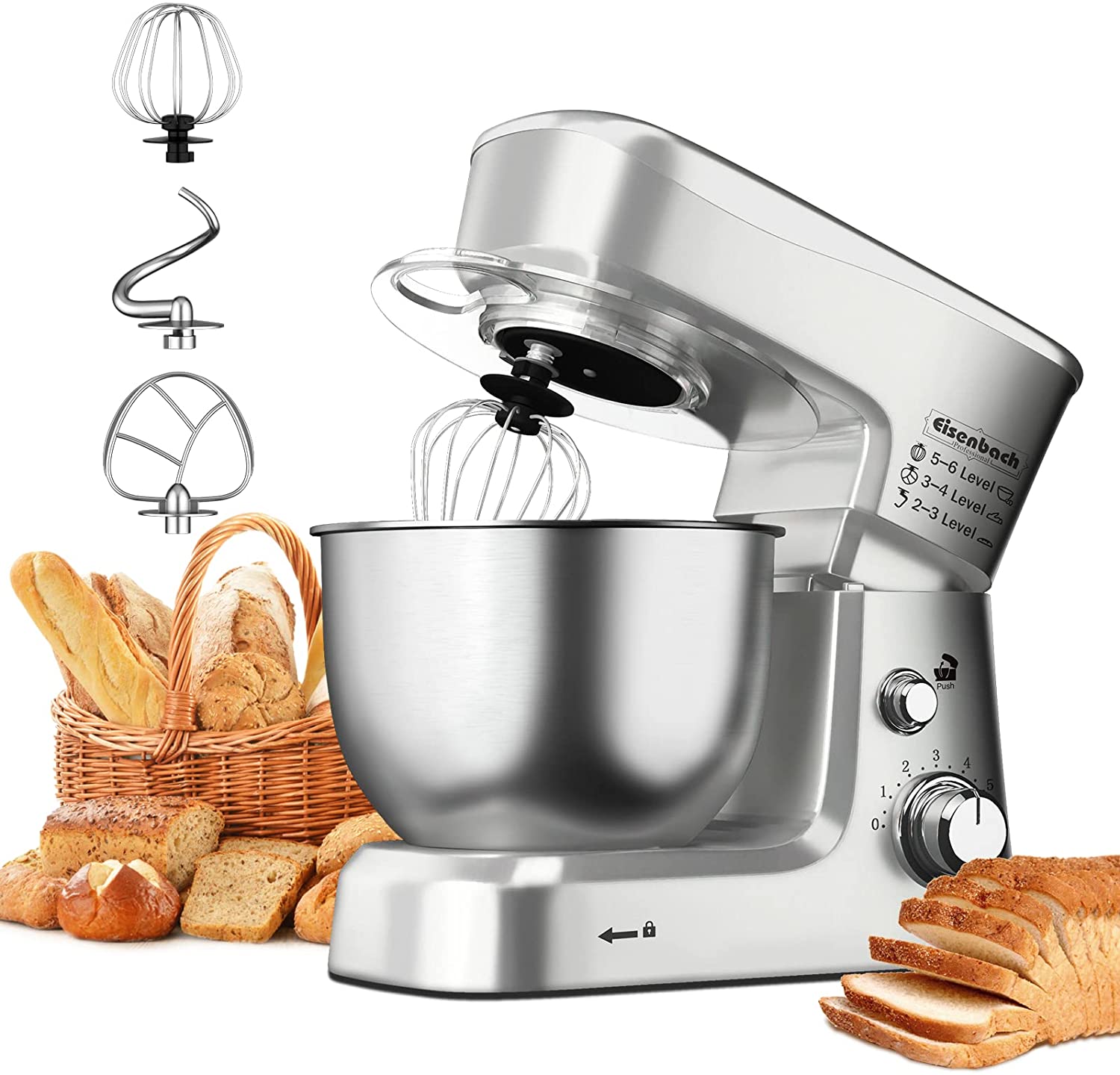 Eisenbach Professional Food Processor 1200 W Kneading Machine, 3.5 L Food Processor, Dough Machine, 6 Speeds, 8 Other Accessories Included, Dough Hook, Flat Stirrer, Whisk, 207 Sliver