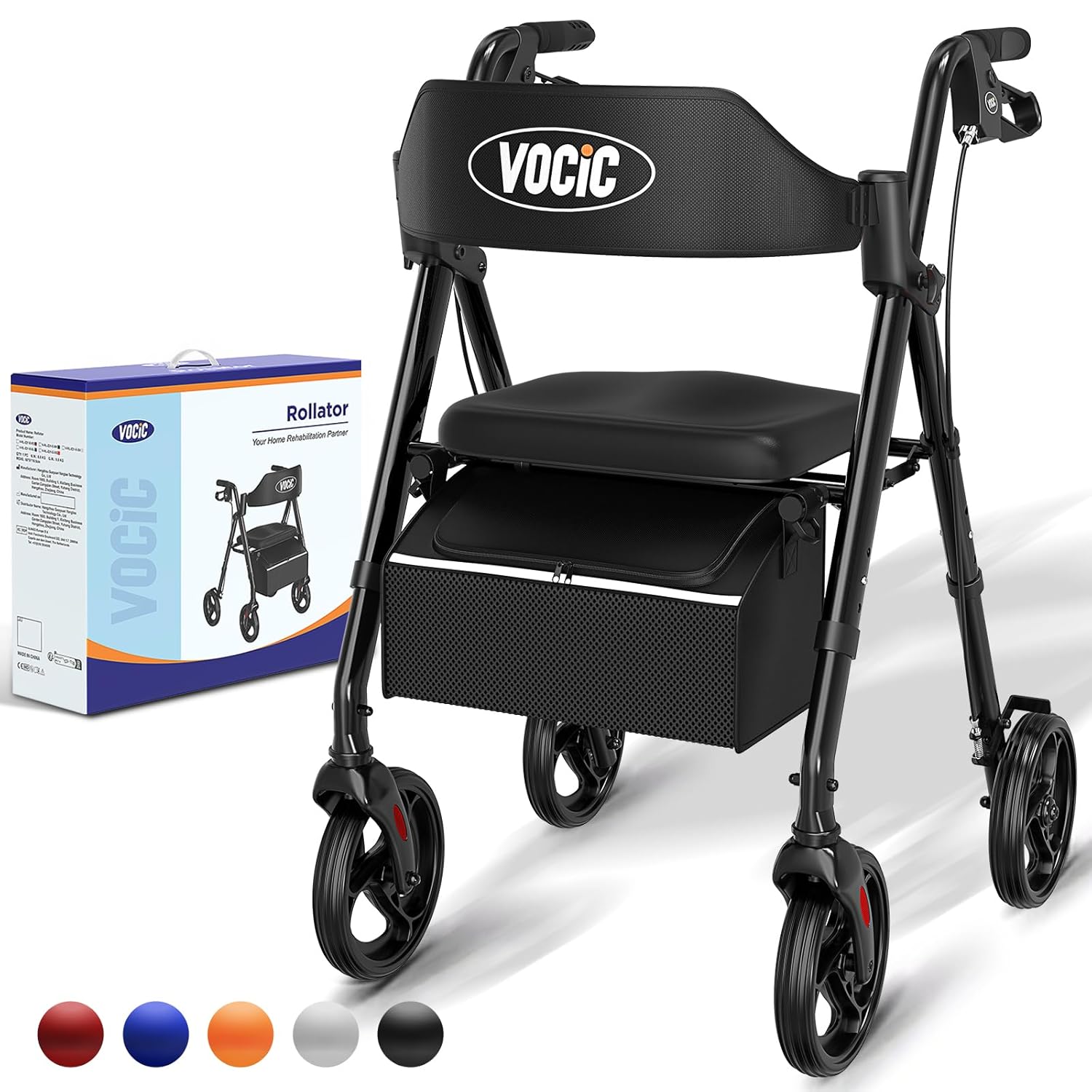 VOCIC Foldable and Lightweight Rollator with Sit, Narrow Rollators for Home, Rollators for Seniors, Foldable with 20 cm Tires for All Terrain, Seat and Handle Height Adjustable, 5 Years Support, Black