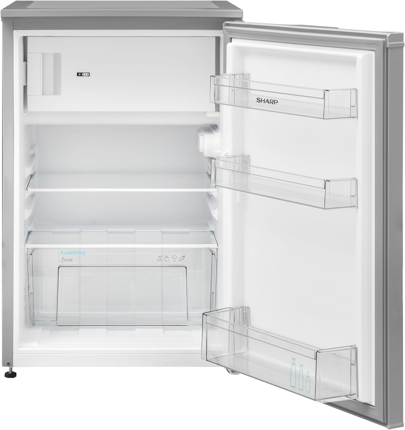 SHARP SJ-UD121T2S-EU Fridge with Freezer Compartment, 121 L Capacity of which 17 L in Freezer, Small Fridge with Continuous Temperature Control, LED Interior Lighting, Silver
