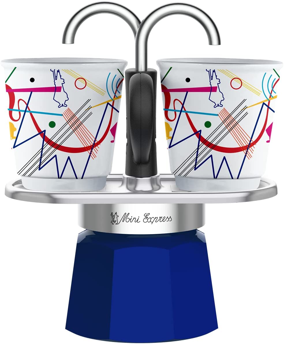 Bialetti - Mini Express Kandinsky Mocha Set of 2 Cups (80ml), Light Blue, Aluminium