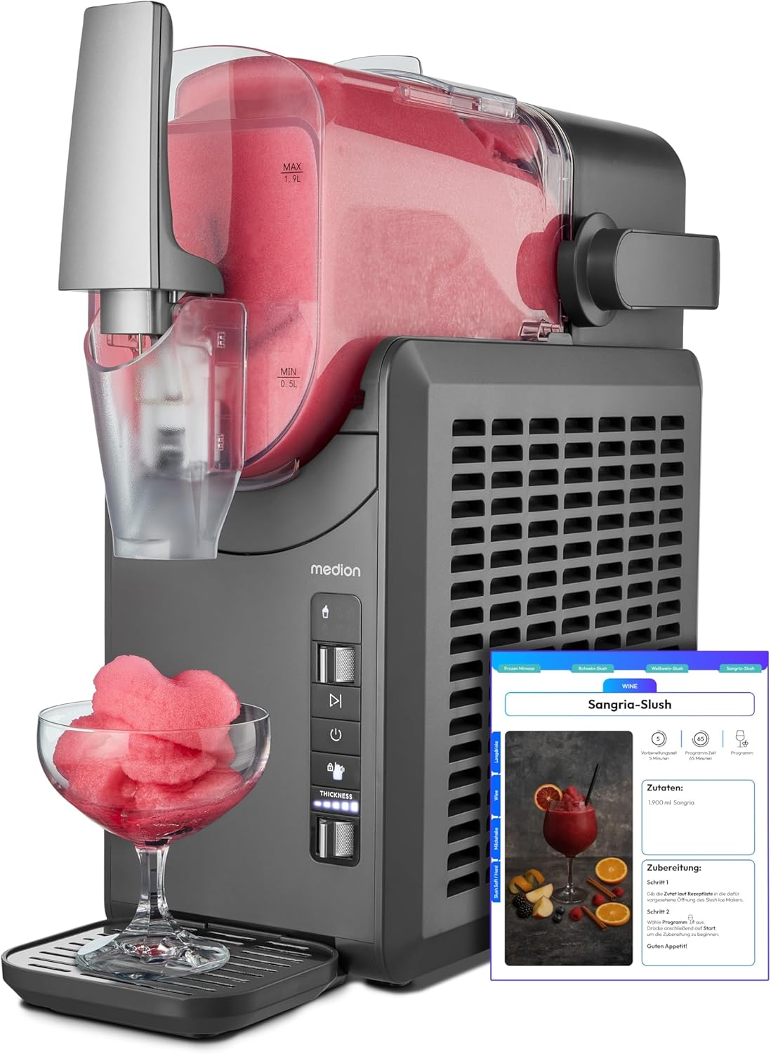 MEDION Slush Ice Maker (2.6 Liter Slush Ice Capacity, 1.9 Liter Capacity for Drinks, 5 Drink Modes, 30-60 Minutes Prep Time, Compressor, Slush Ice Machine, MD12090)