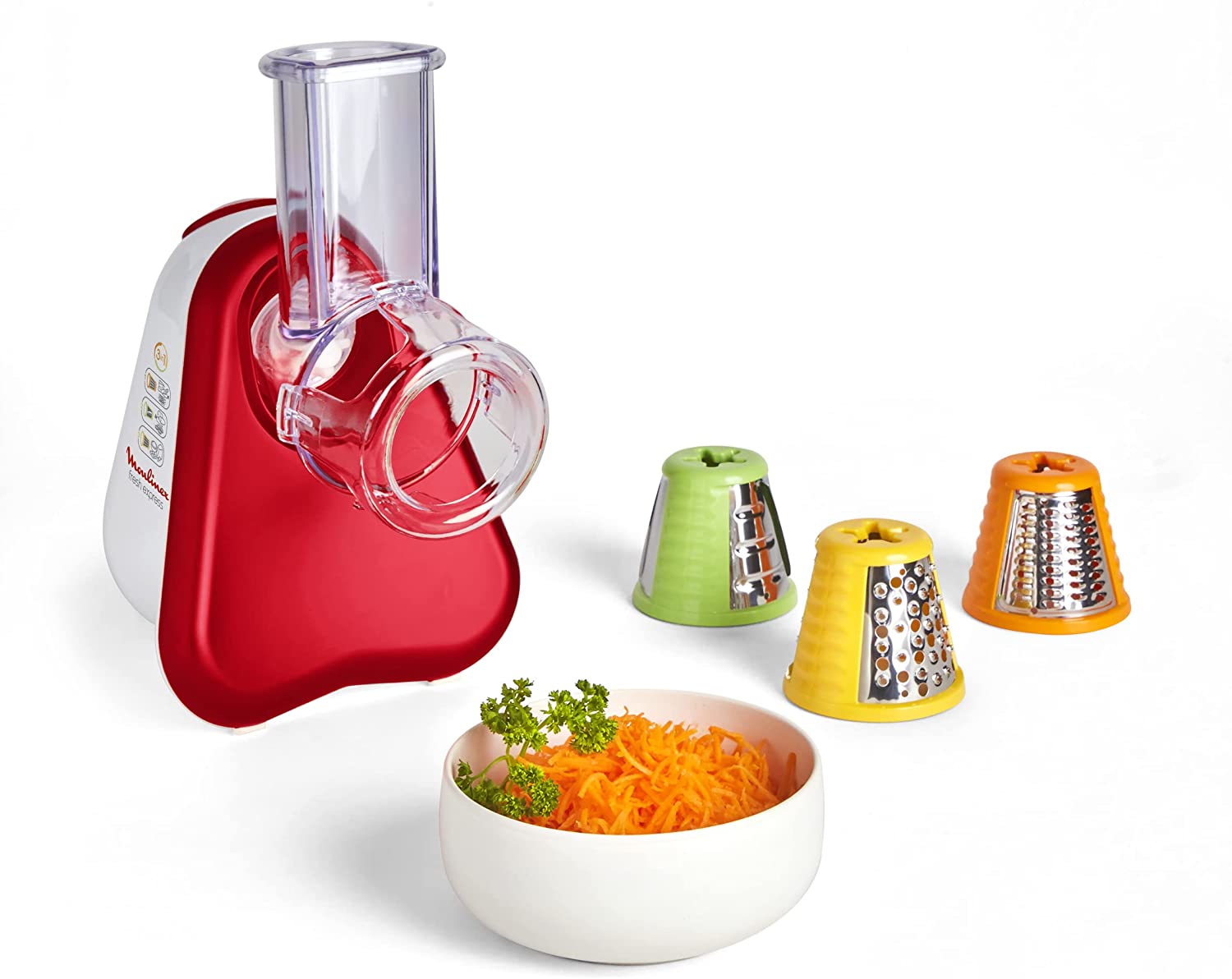 Moulinex DJ7535 Fresh Express 3-in-1 Electric Schnitzelwerk / Vegetable Cutter / Vegetable Slicer | 200 W | 3 Inserts | Made in France | Red/White