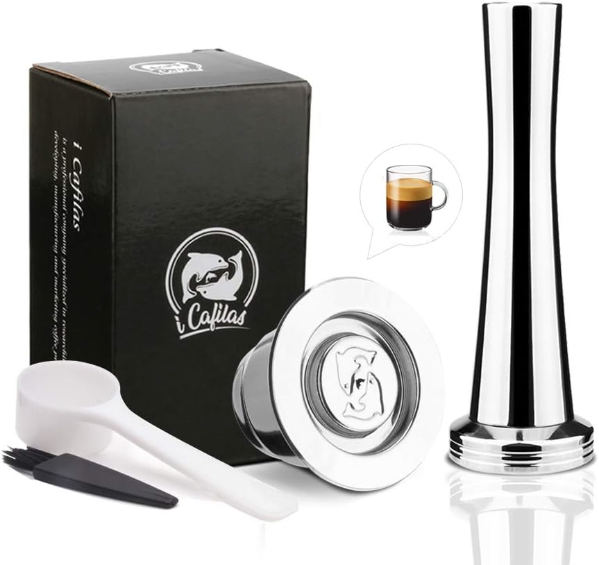 i Cafilas Reusable Coffee Filter Capsules Refillable Compatible with Stainless Steel Coffee Machines + Coffee Stamp + Spoon + Brush