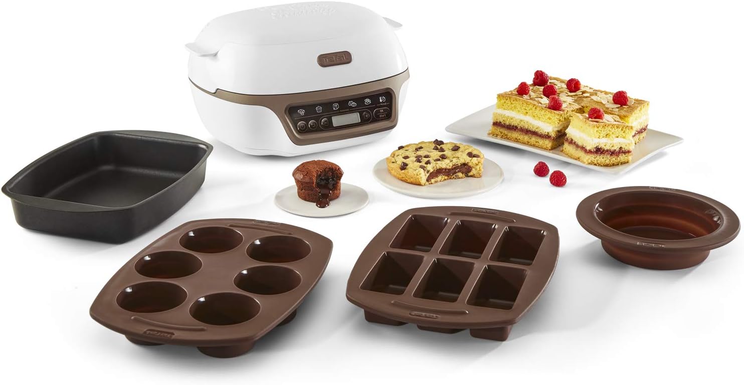 Tefal Cake Maker, 5 Automatic Programs for Setting, 1 Manual Mode, 3 Flexible Molds, 1 Large Coated Steel Baking Mold, Compatible with Crispybake, Cake Factory + KD802112